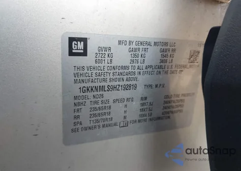 2017 GMC Acadia Slt-1 z USA, uszkodzony, nr VIN 1GKKNMLS9HZ192819